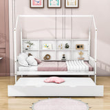 Twin Size Kids House Bed Frame with Twin Trundle and Shelf above Bed