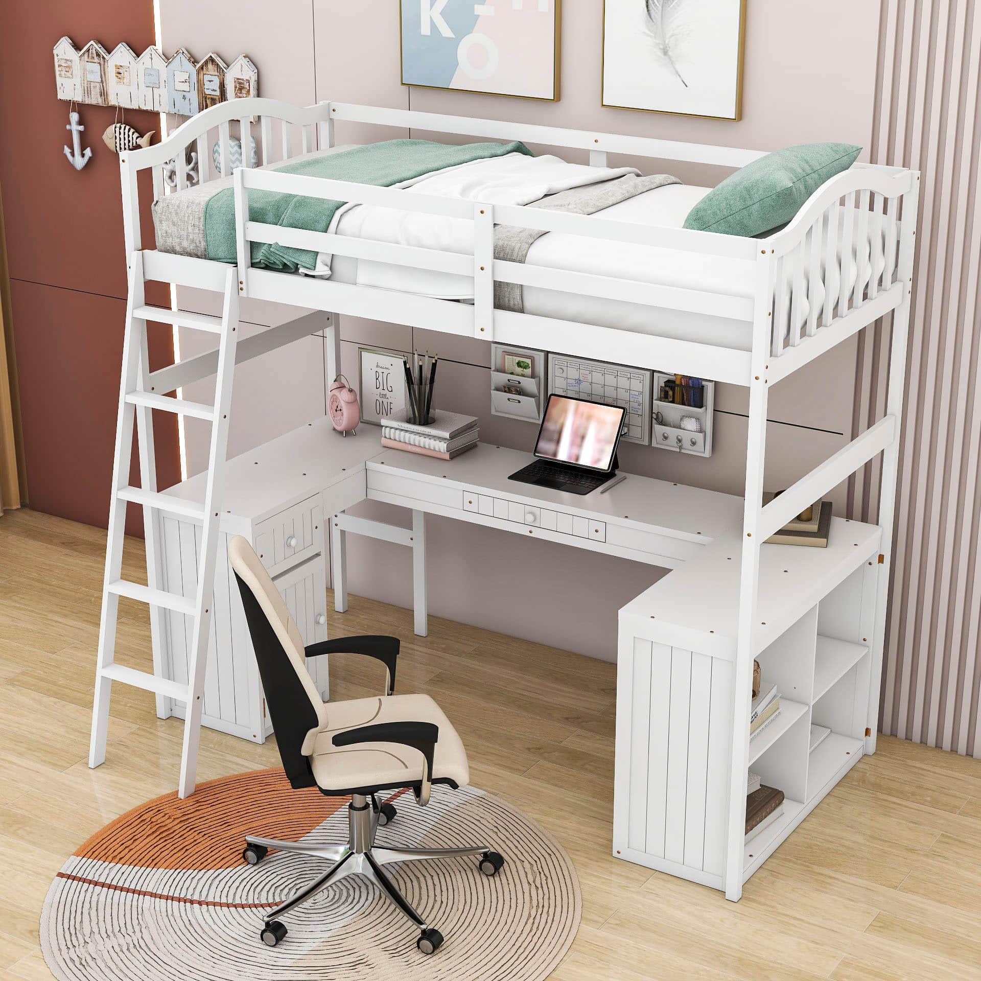 Twin High Loft Bed with Desk and Drawers, Shelves - [Cabinet, Ladder, Wood]