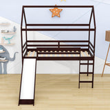 Wood Twin Medium House Loft Bed with Slide and Ladder