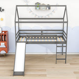 Wood Twin Medium House Loft Bed with Slide and Ladder