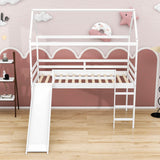 Wood Twin Medium House Loft Bed with Slide and Ladder