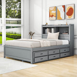 Full Platform Bed Frame with Twin Trundle and Storage Headboard, USB