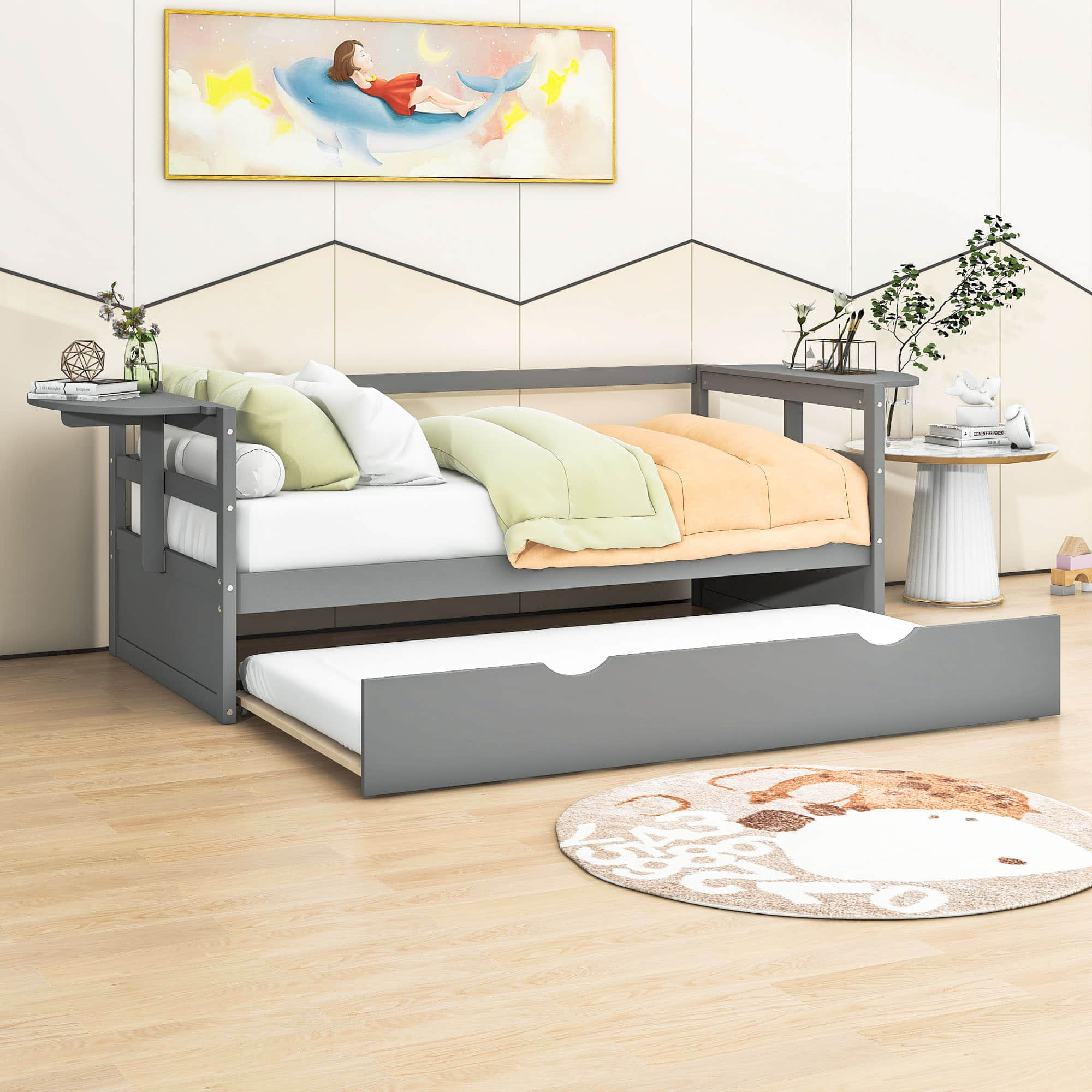 Modern Wood Twin Daybed with Trundle Bed and Foldable Shelves