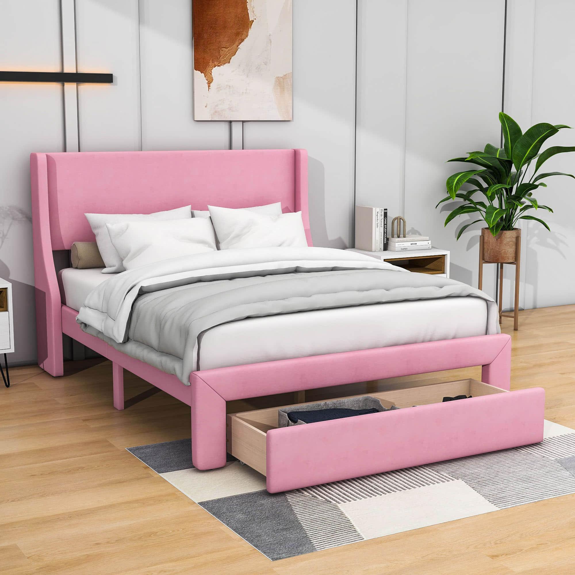 Velvet Upholstered Full Size Platform Bed with Headboard and Storage - [Drawer]