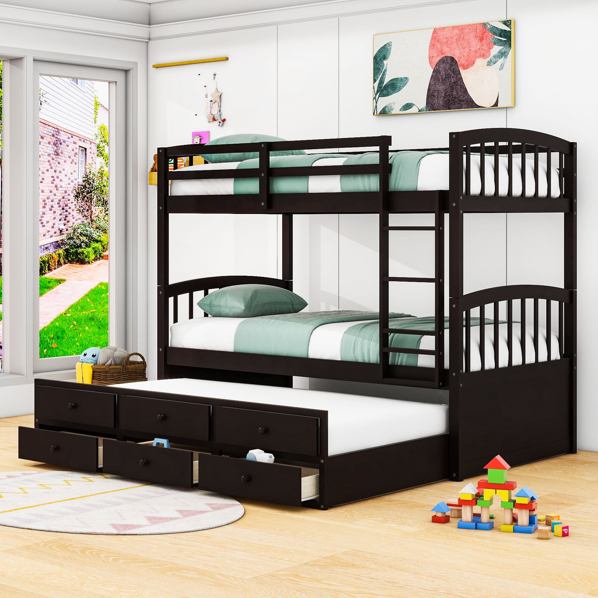 Convertible Twin Over Twin Bunk Beds for Kids Adults with Trundle and Storage - [Wood, Drawers]