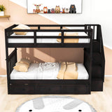 Wood Full Over Full Bunk Bed with Storage and Stairs - [Drawers, Shelves, Class]