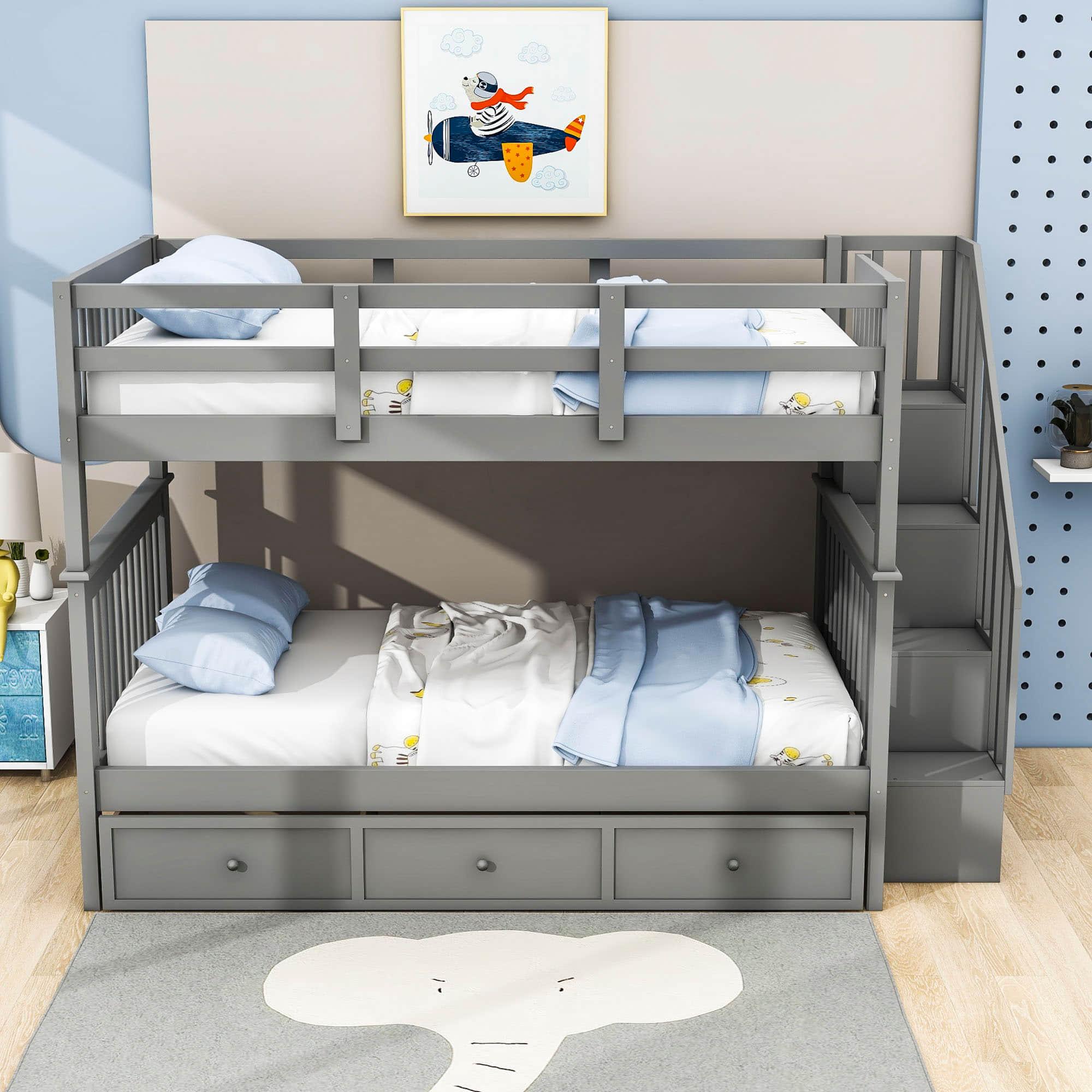 Wood Full Over Full Bunk Bed with Storage and Stairs - [Drawers, Shelves, Class]