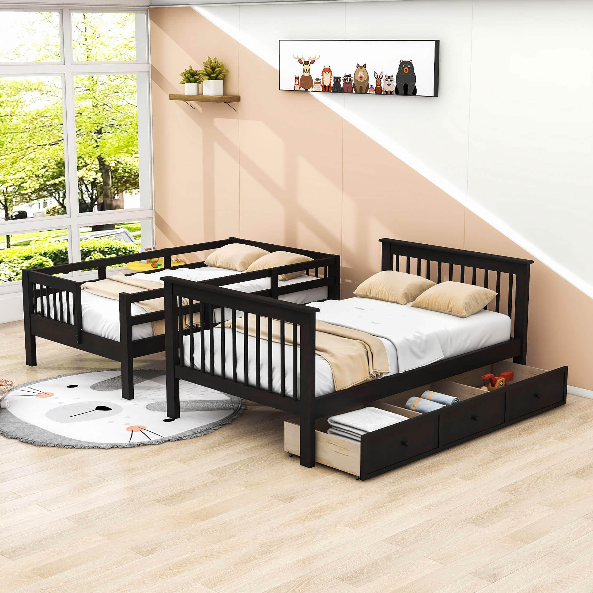 Wood Full Over Full Bunk Bed with Storage and Stairs - [Drawers, Shelves, Class]