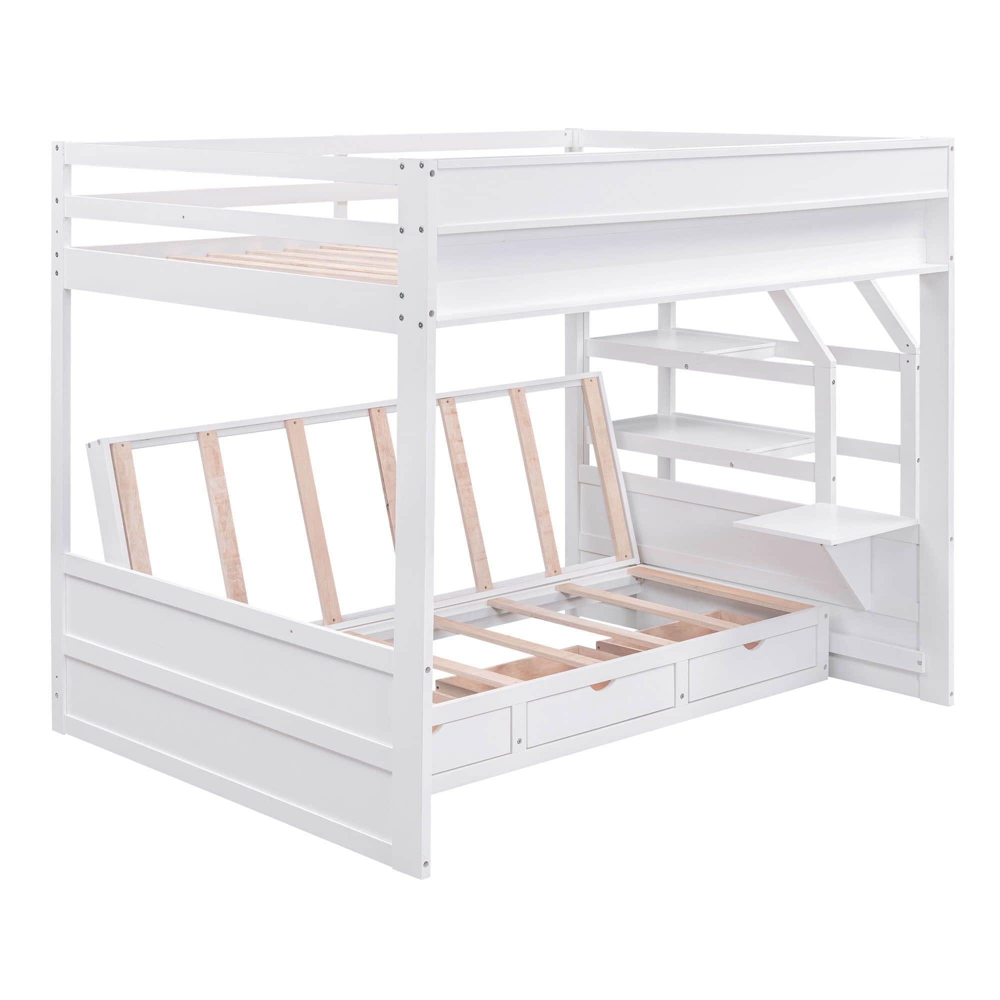 Full Futon Bunk Beds Couch with Stairs and Storage - [Wooden, Drawers, Shelves]