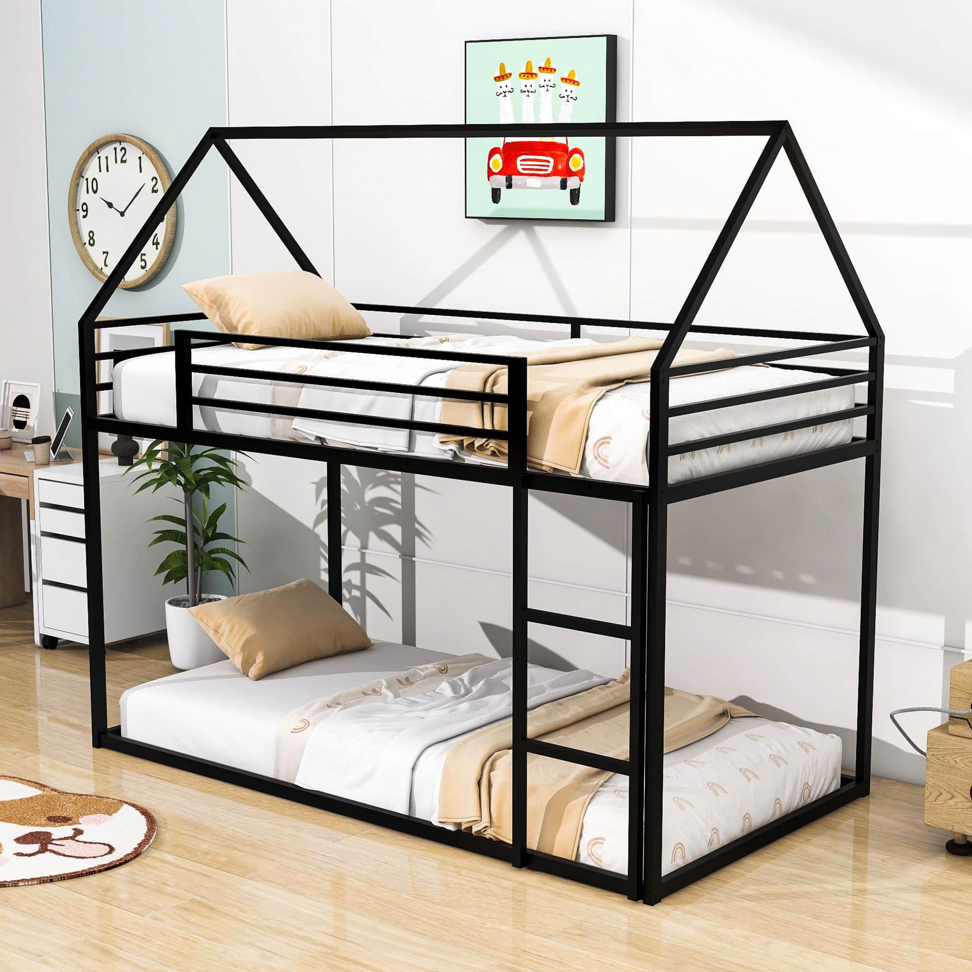 Metal Low Twin Over Twin House Loft Bunk Beds with for Kids, Toddler