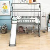 Twin Size Low House Loft Bed with Slide for Kids - [Wood]