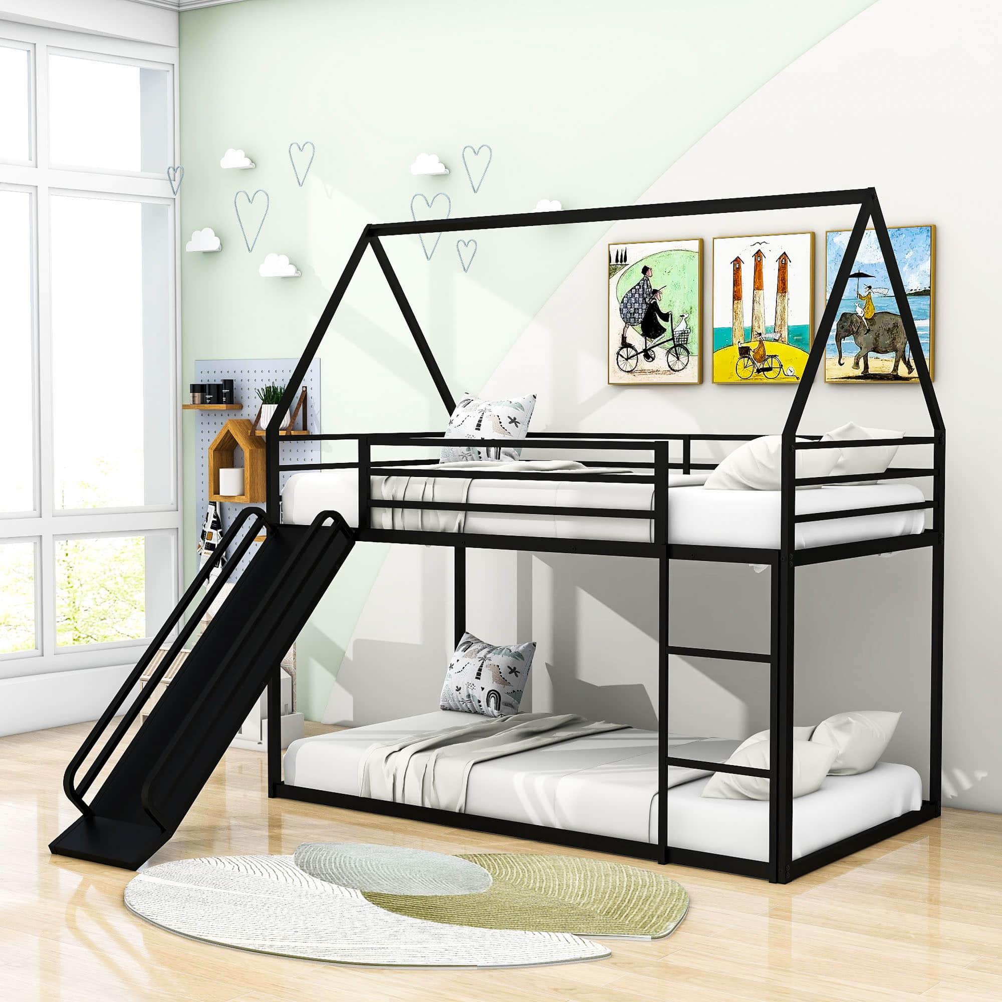 Low Twin Over Twin House Loft Bunk Beds with Slide for Kids, Toddler