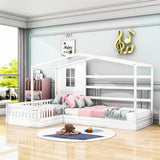 Wooden Montessori Twin Size House Double Kids Bed with Rails