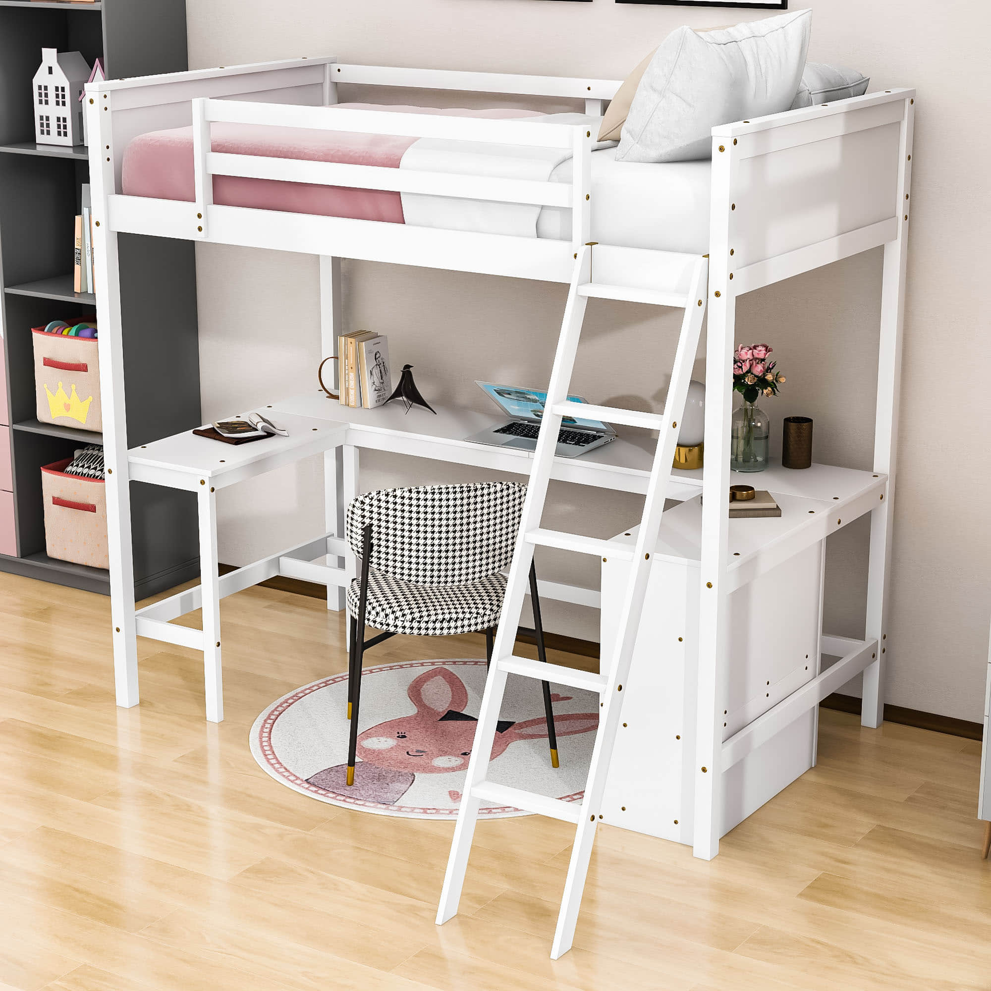 Wood Twin Size Loft Bed with Desk and Storage Shelves for Kids, Adult