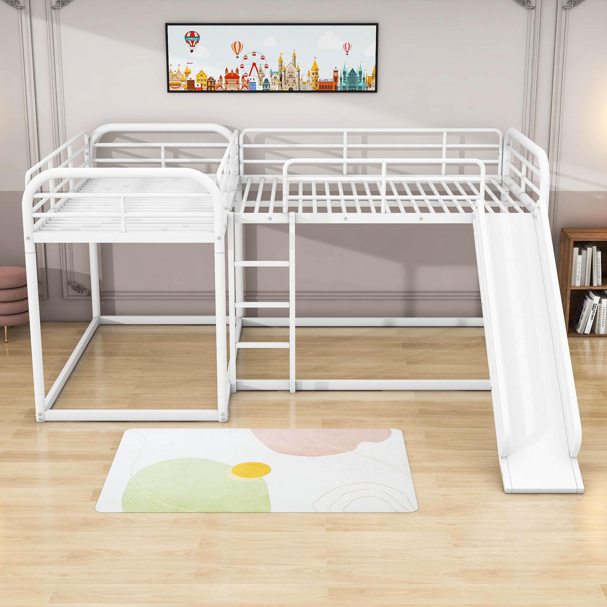 Metal Full & Twin Quad Bunk Beds with Slide for Kids, Toddler - [L-Shaped]