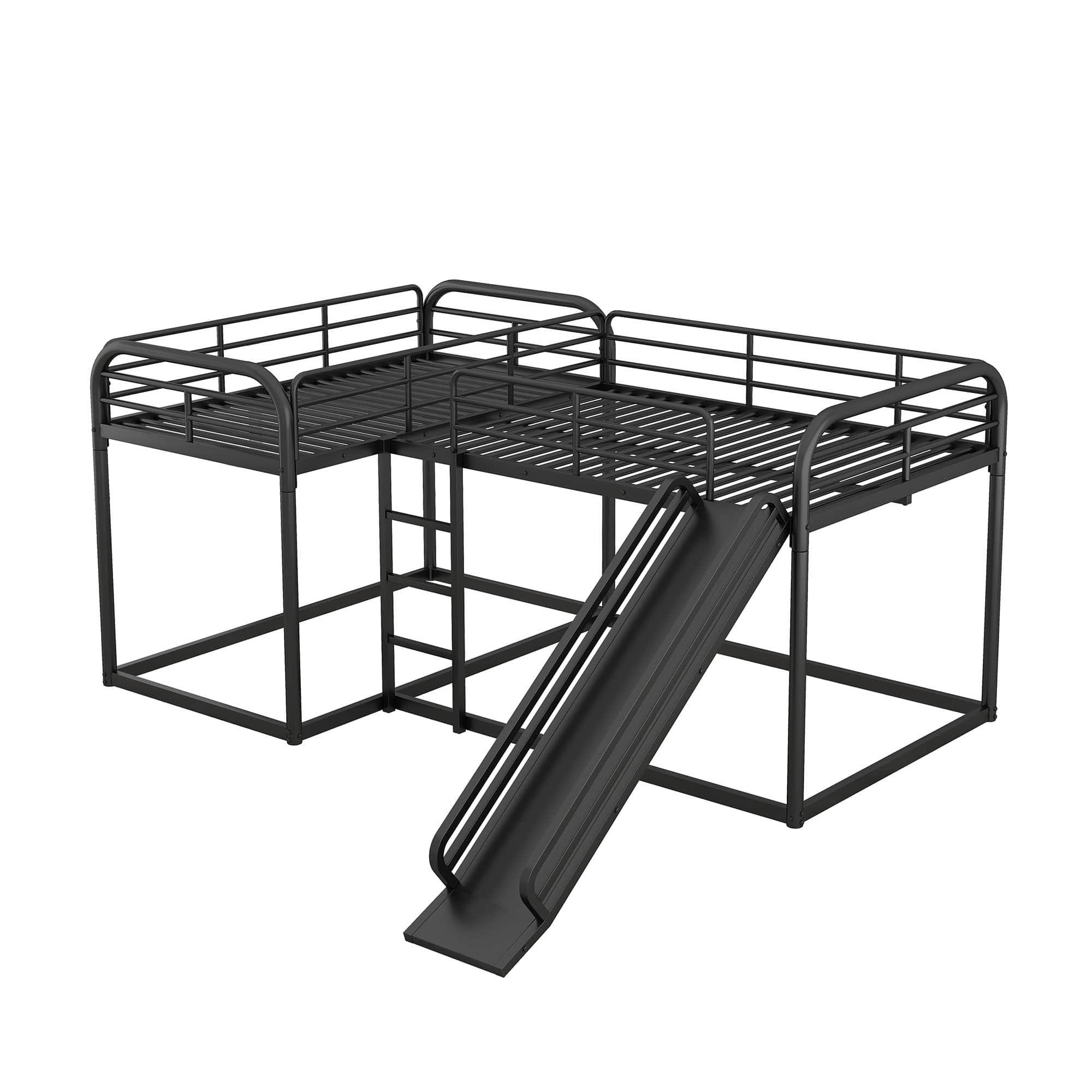 Metal Full & Twin Quad Bunk Beds with Slide for Kids, Toddler - [L-Shaped]