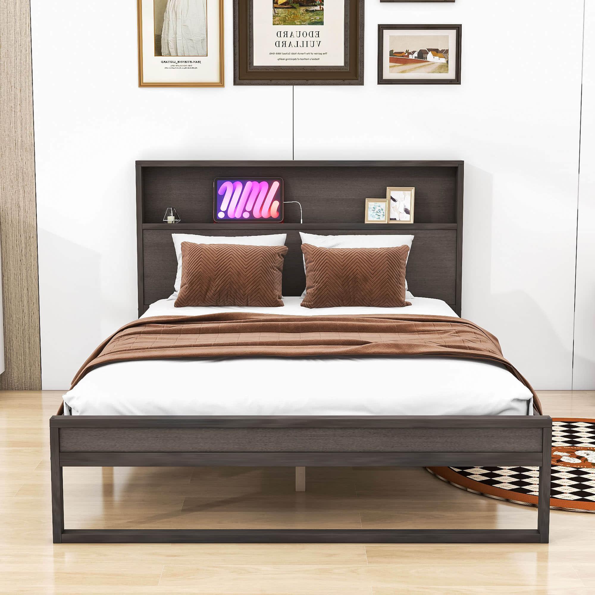 Smart Rustic Farmhouse Queen Size Platform Bed with Storage Headboard - [Sockets, USB Ports]