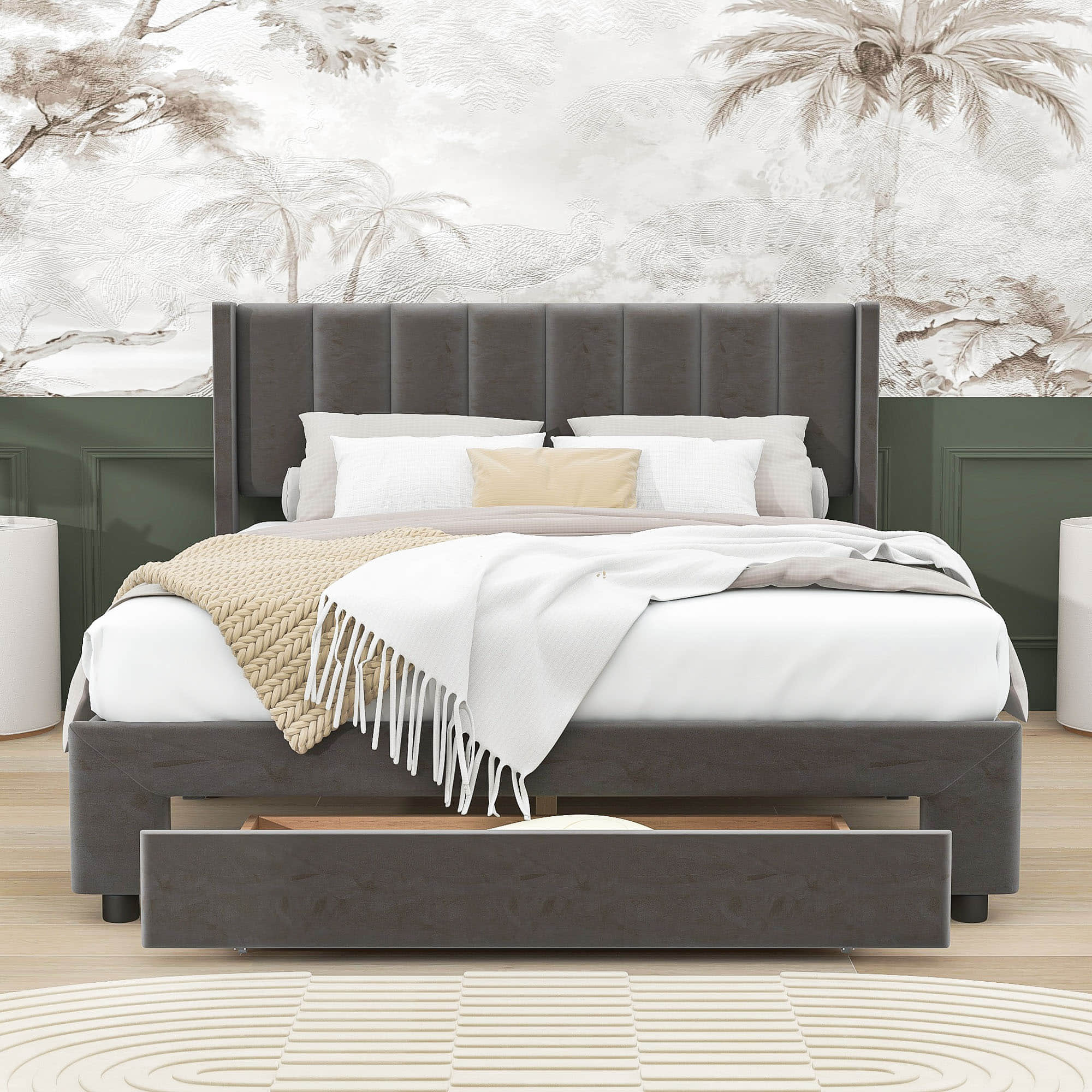 Velvet Queen Size Upholstered Platform Bed Frame with Headboard and Storage