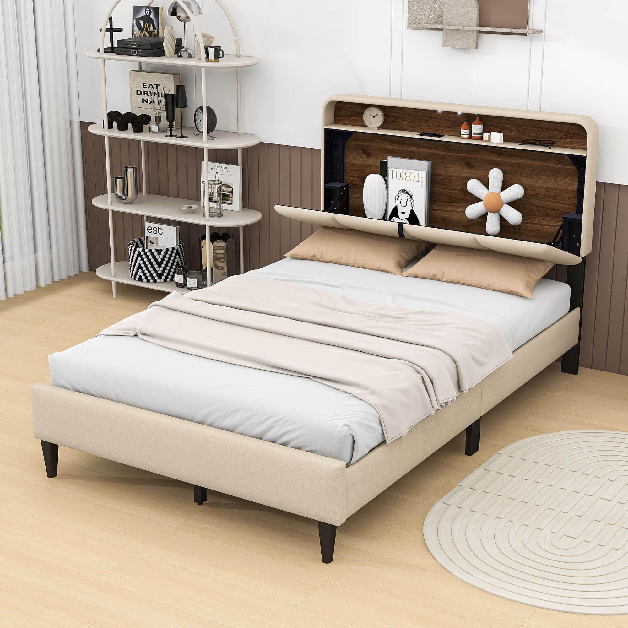 Smart Full Size Platform Upholstered Bed Frame with Storage Headboard