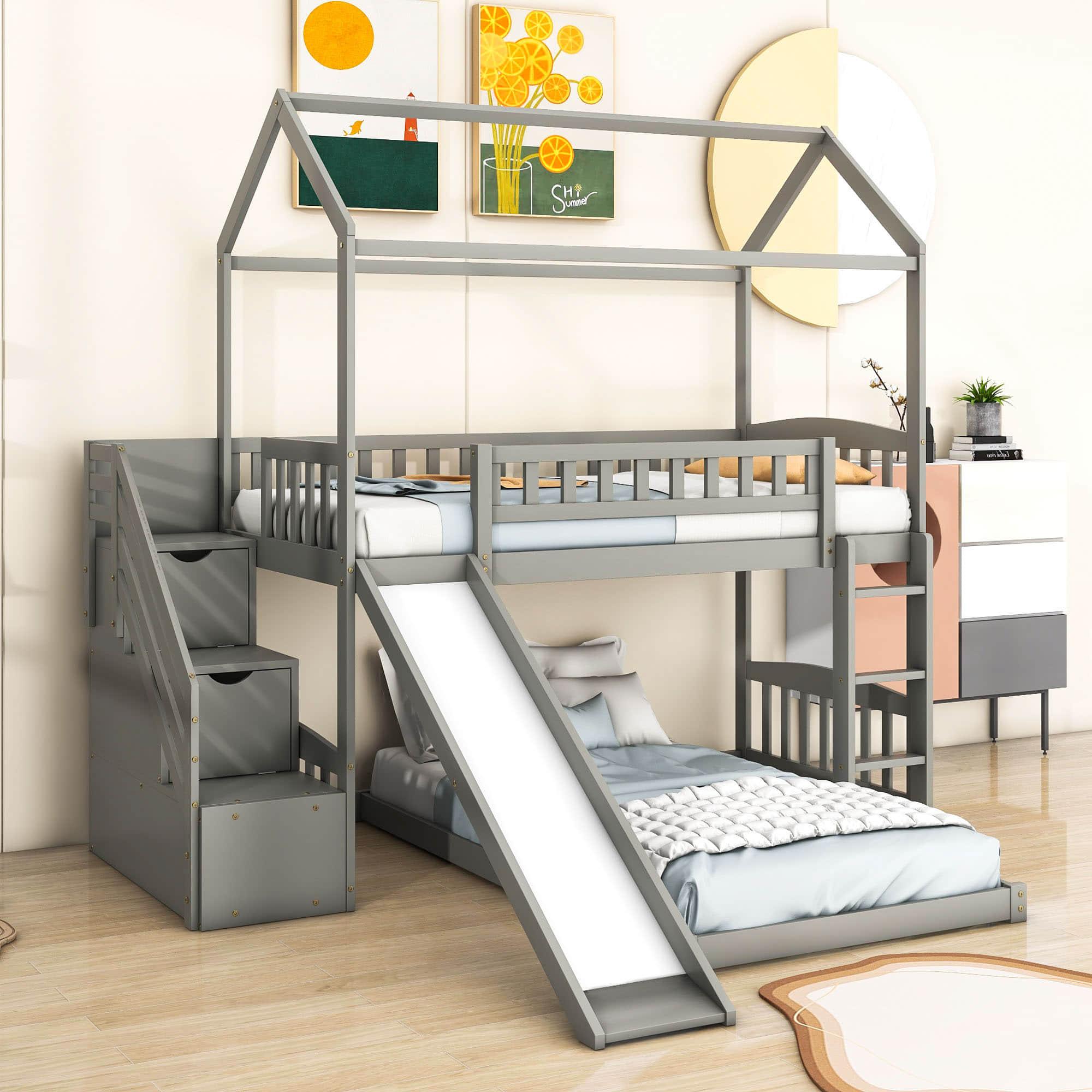 Floor Twin Bunk Beds for Toddlers Kids with Stairs and Slide - [Wood]