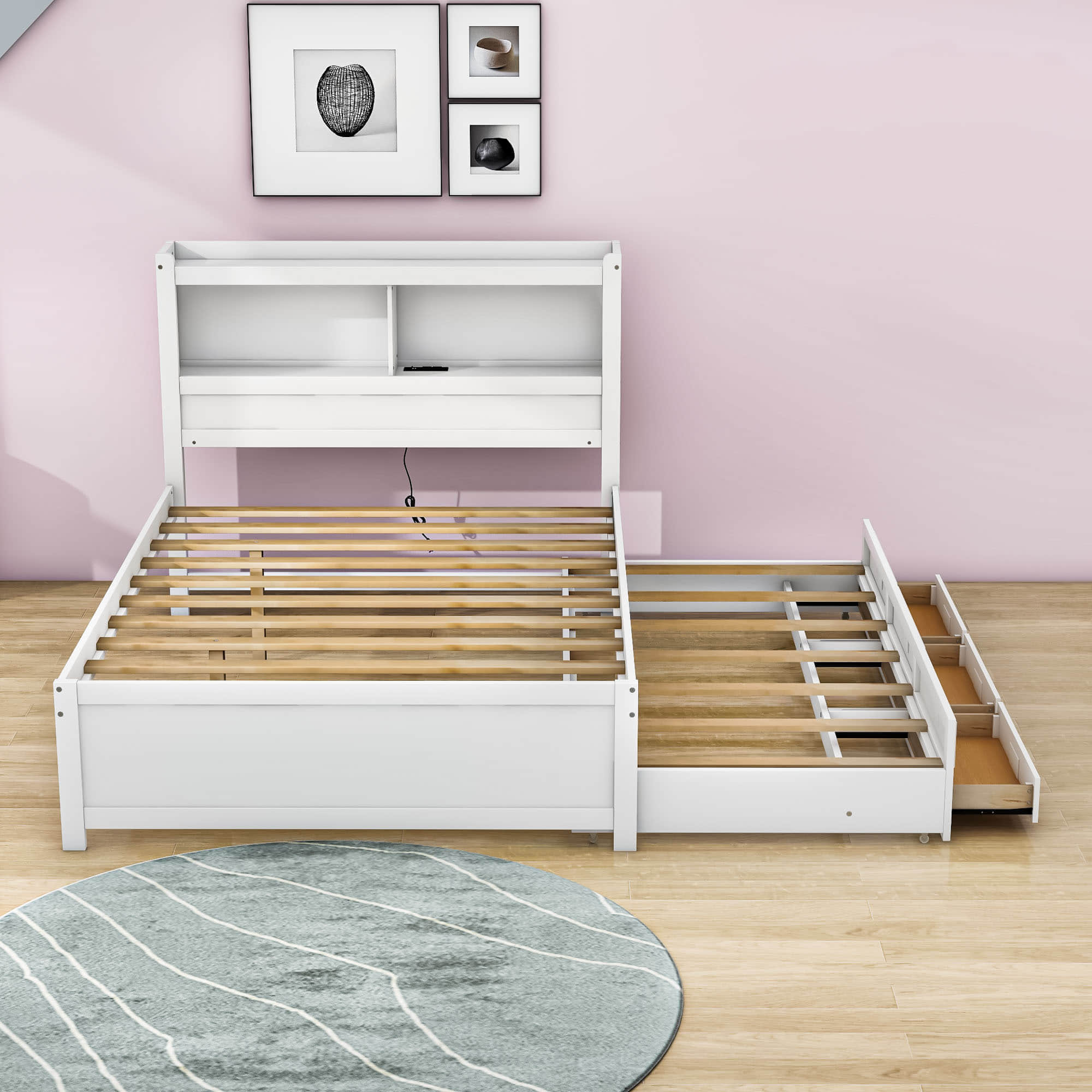 Full Platform Bed Frame with Twin Trundle and Storage Headboard, USB