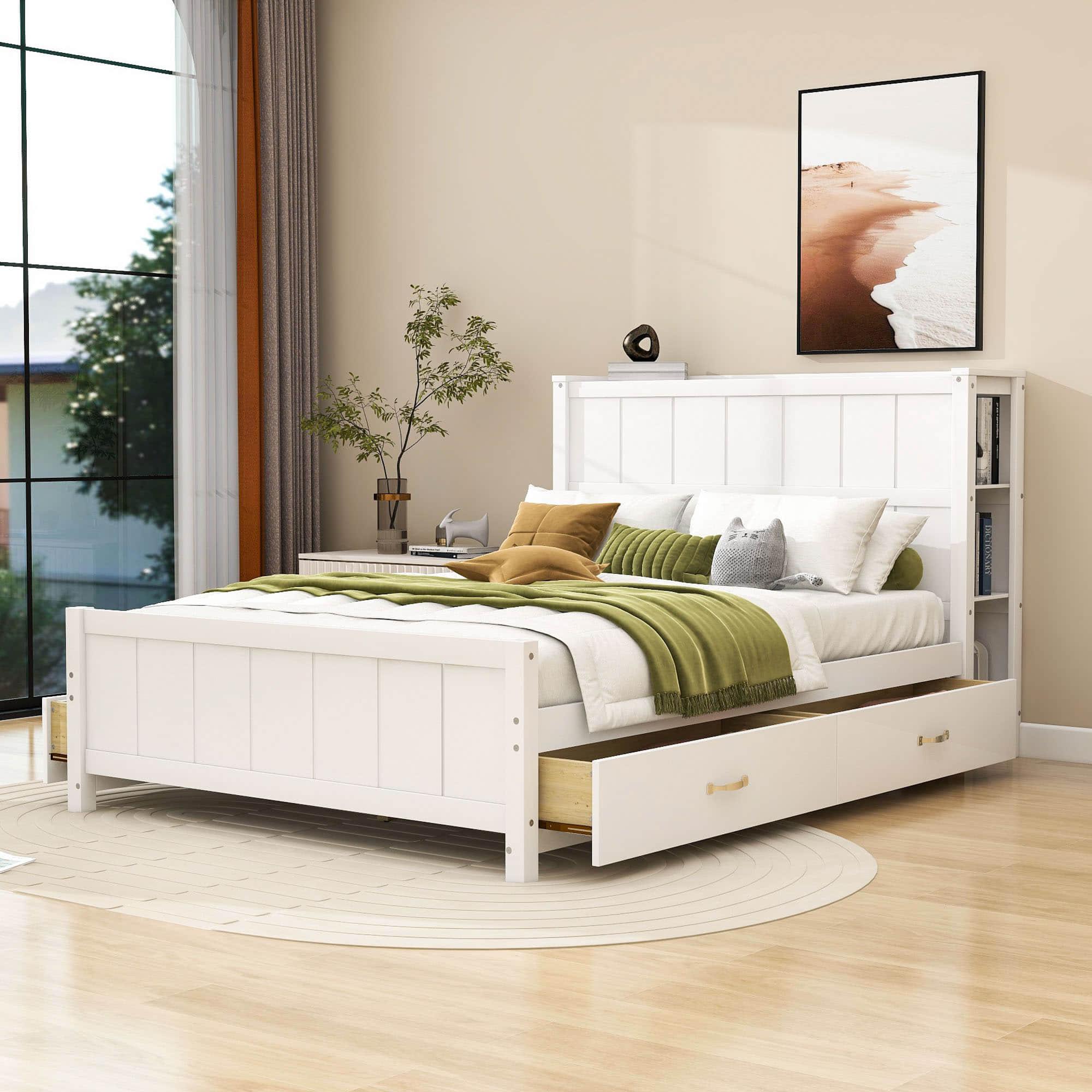 Wooden Full Size Platform Bed with Headboard and Storage - [Drawers, Shelves]