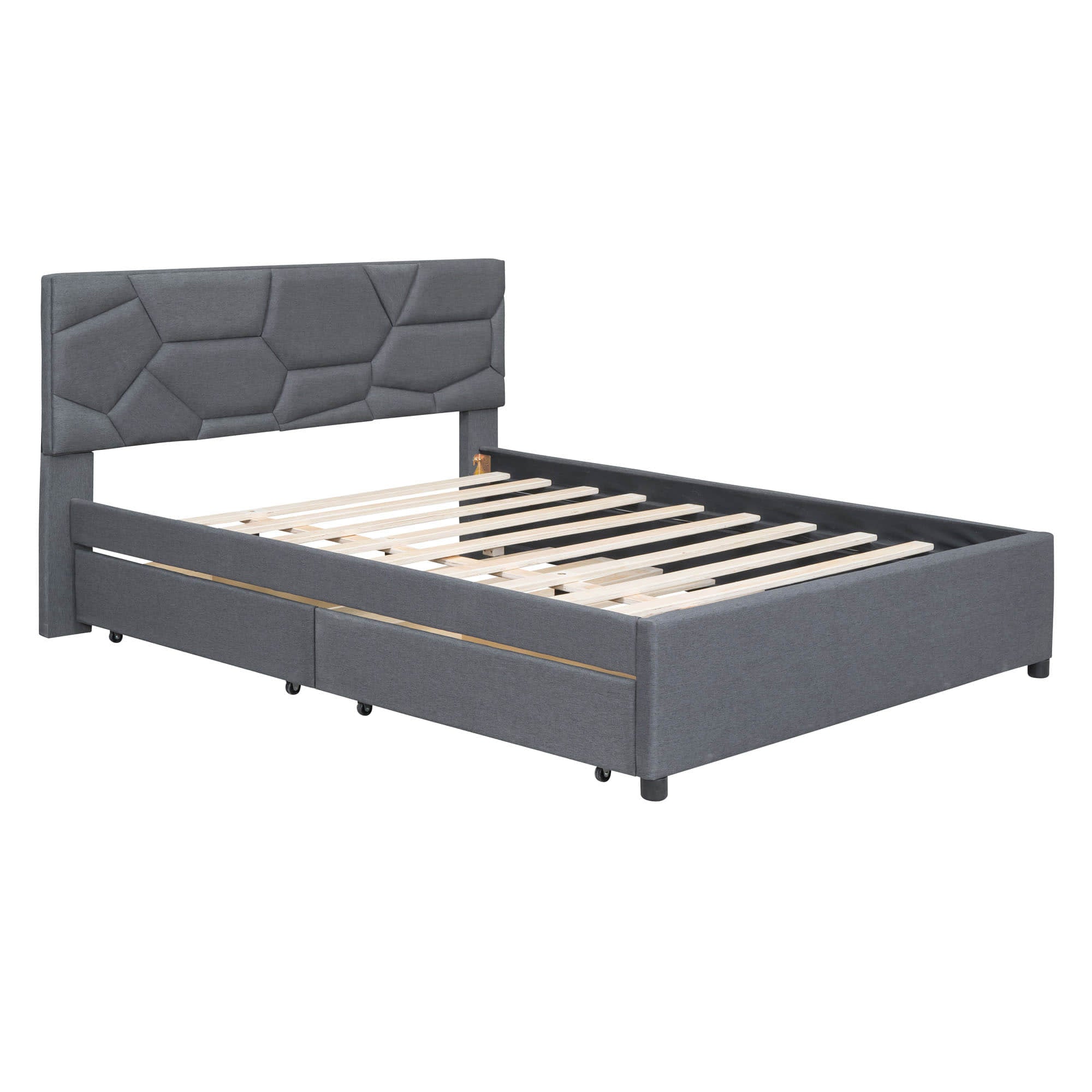 Queen Platform Upholstered Bed Frame with Headboard, Twin XL Trundle Bed