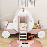 Twin Wood Girls Princess Bed with Stairs - [Carriage Bed with Crown]