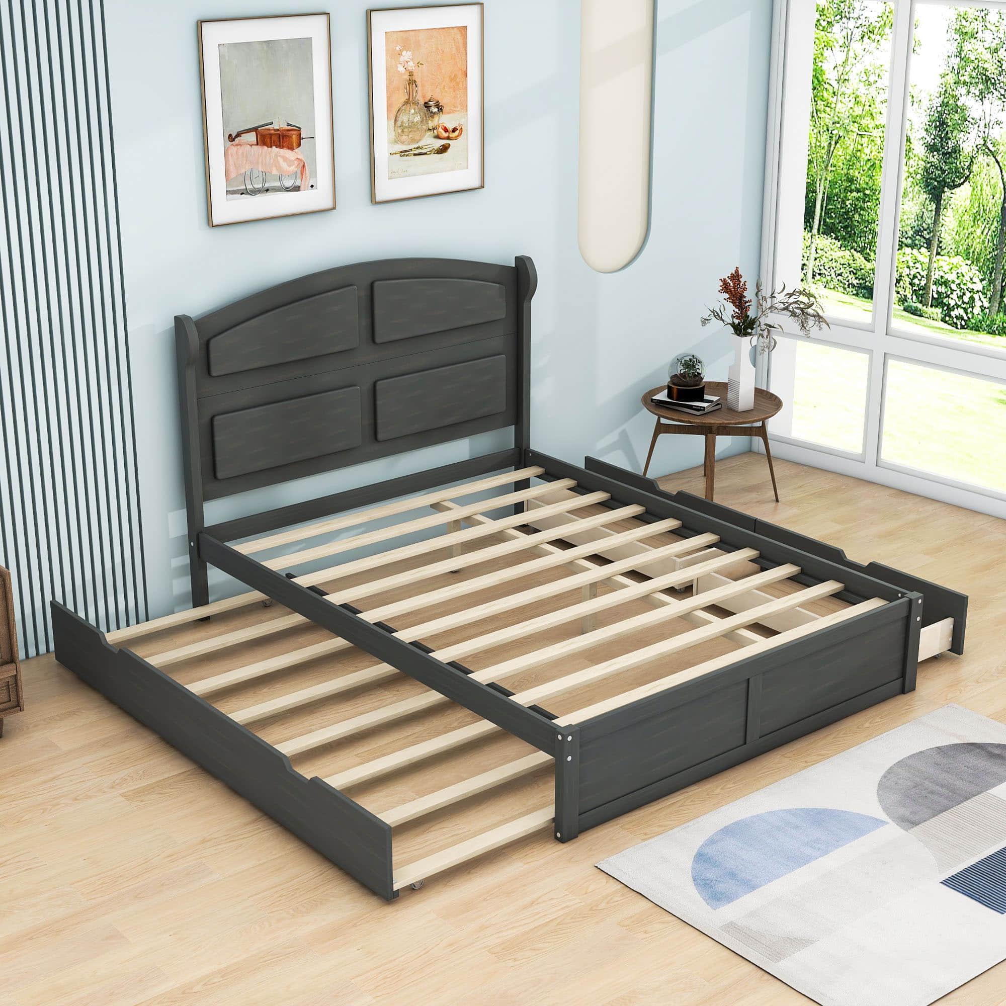 Wooden Queen Size Platform Bed with Twin Trundle Bed and Storage - [Headboard]