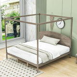 Rustic Wood King Size Canopy Bed Frame with Headboard for Adults