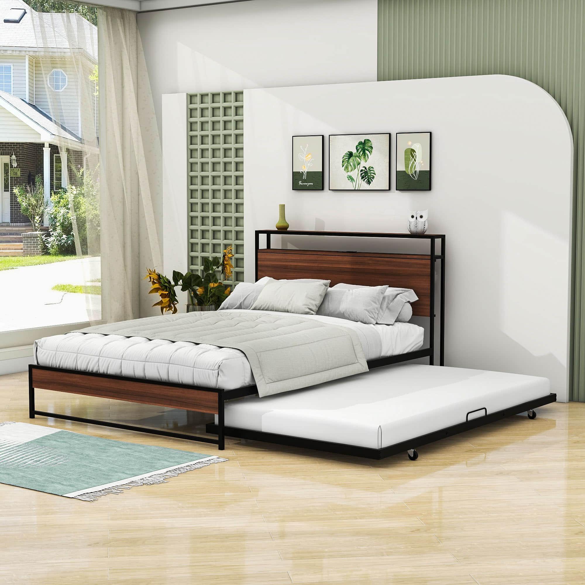 Full Size Smart Platform Bed with Twin Trundle Bed and Shelf Headboard