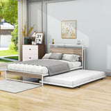 Full Size Smart Platform Bed with Twin Trundle Bed and Shelf Headboard