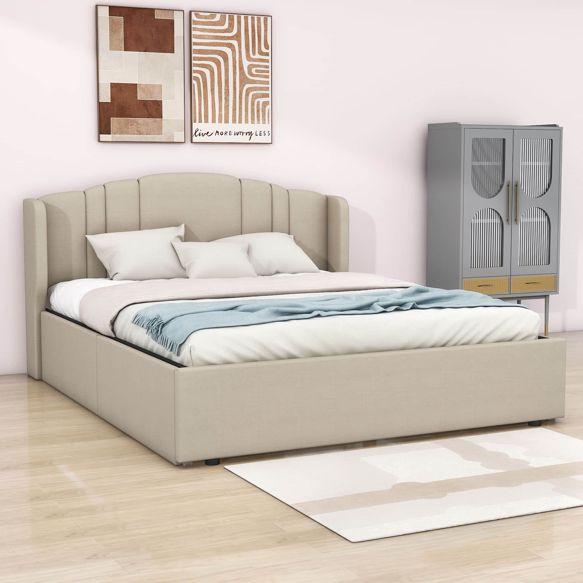 Queen Modern Upholstered Bed Frame with Headboard and Storage