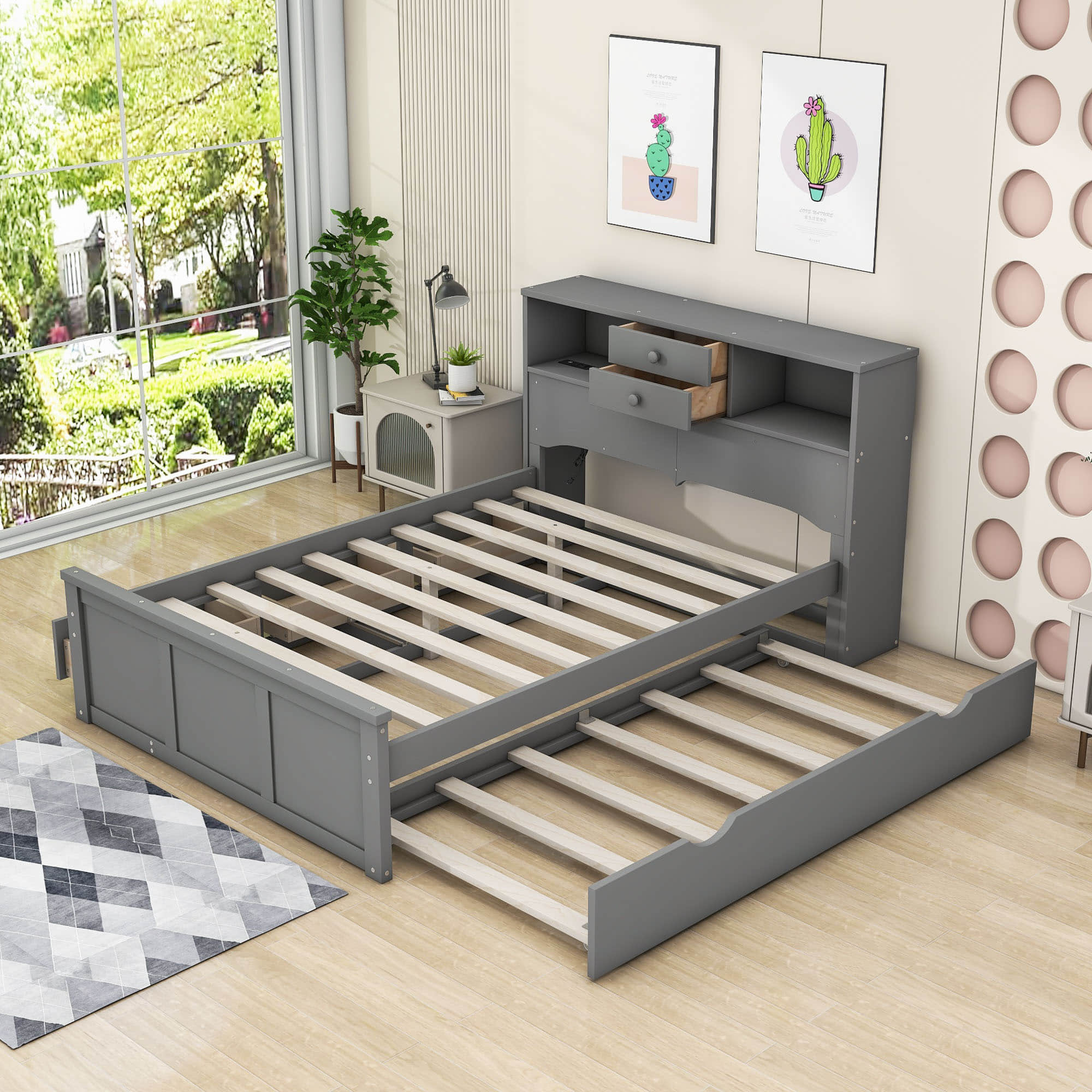 Wood Smart Full Platform Bed with Twin Trundle and Storage Headboard