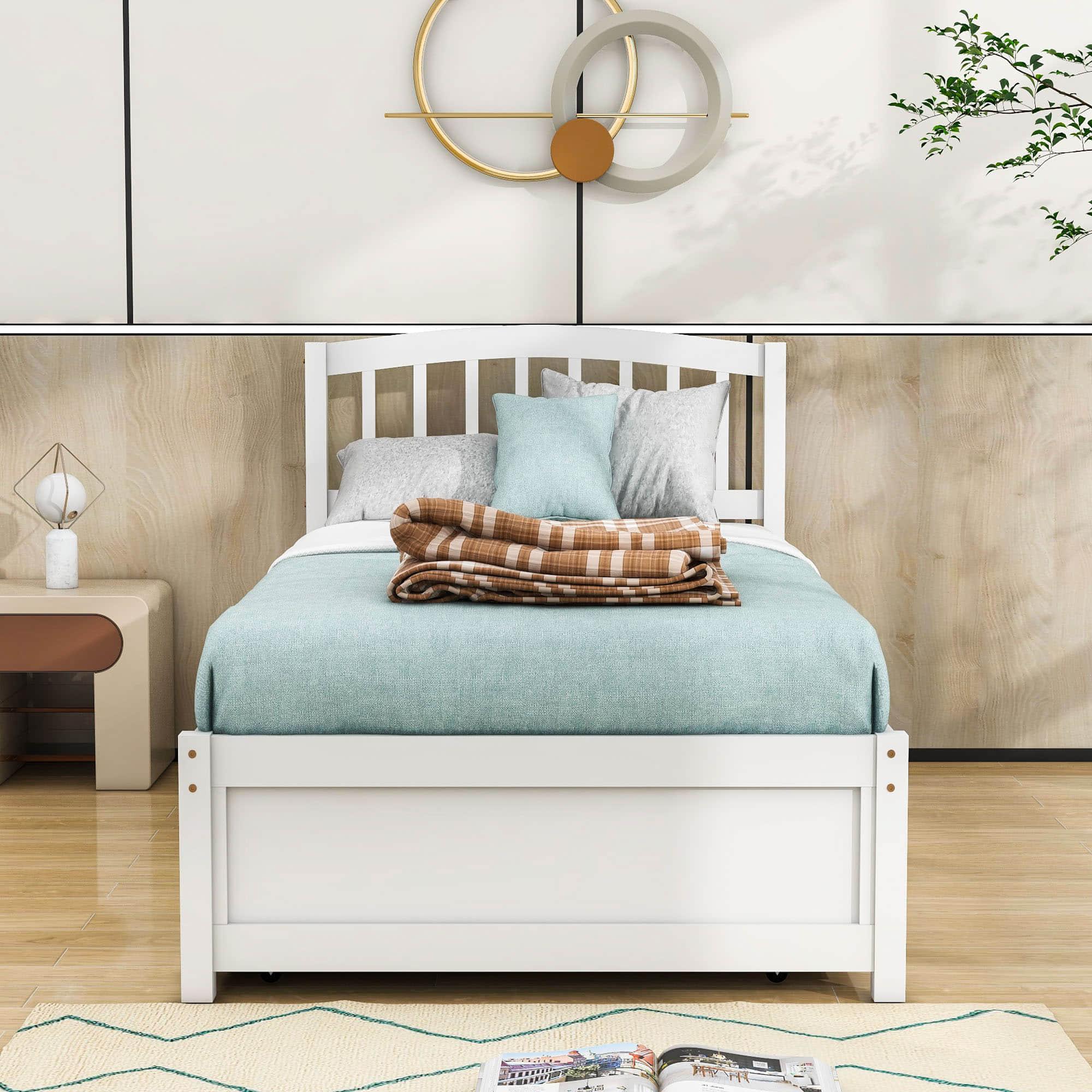 Wooden Twin Platform Bed with Trundle and Headboard