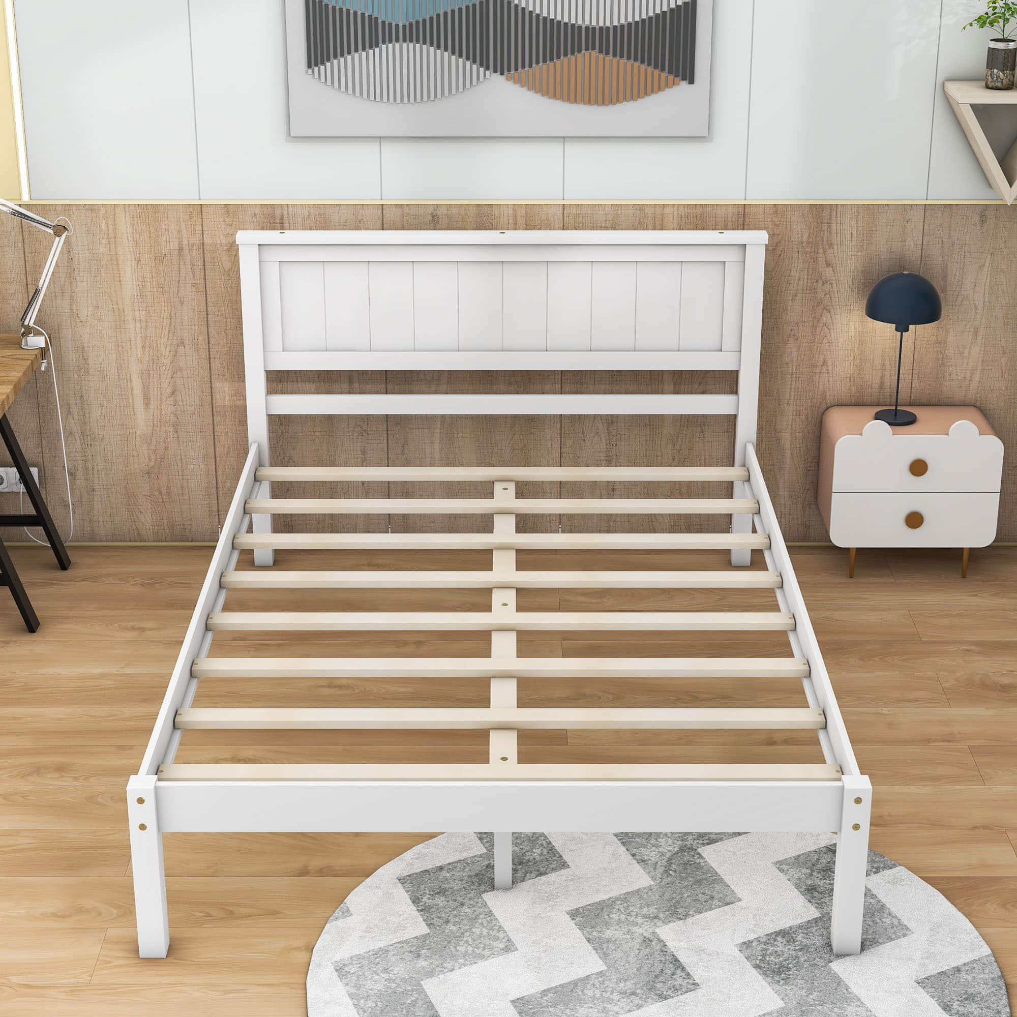 Wood Full Size Vintage Platform Bed Frame with Headboard