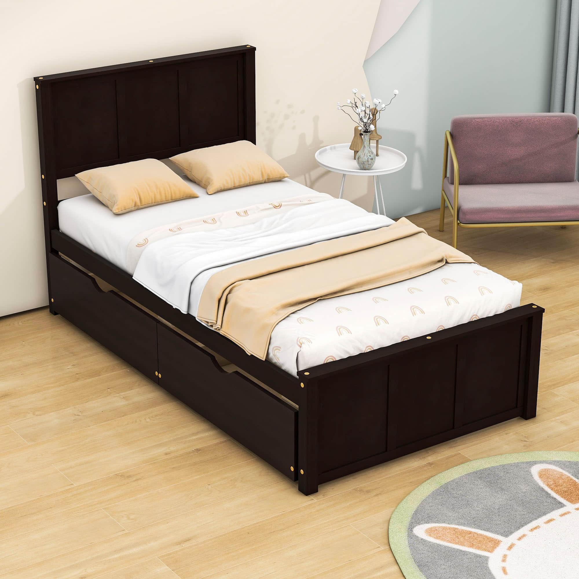 Twin Size Classic Platform Bed with Storage Drawers and Headboard