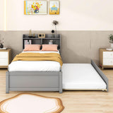 Wooden Twin Platform Bed with Twin Trundle Bed and Storage Headboard - [Shelves]