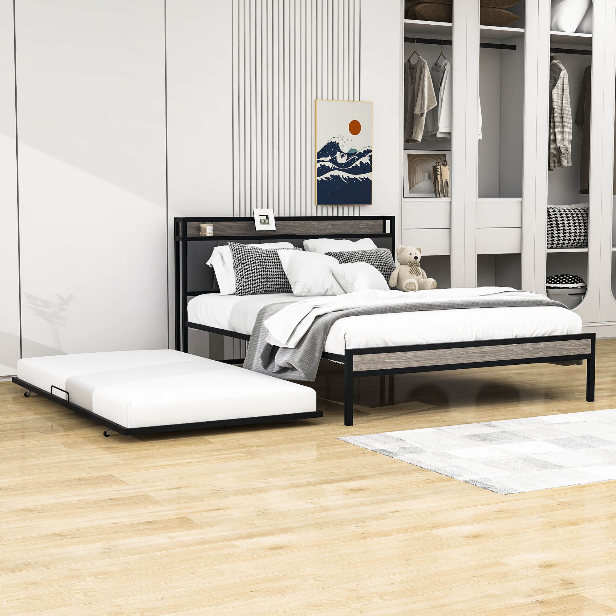 Smart Modern Queen Size Metal Platform Bed Frame with Twin Trundle