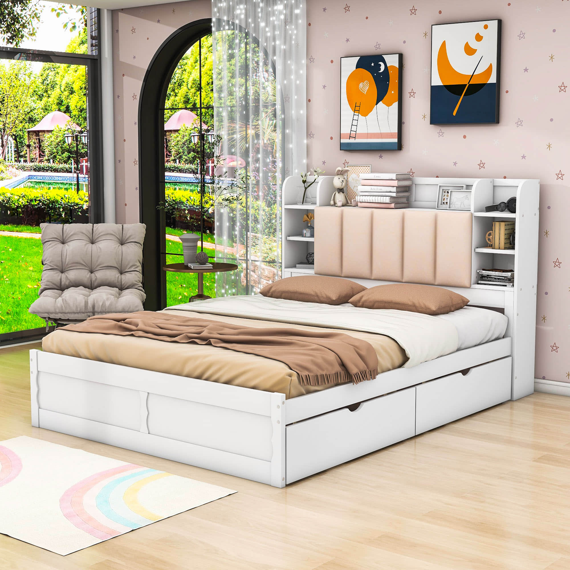 Wood Queen Platform Bed Frame with Storage Headboard and Drawers