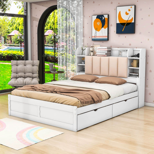 Wood Queen Platform Bed Frame with Storage Headboard and Drawers