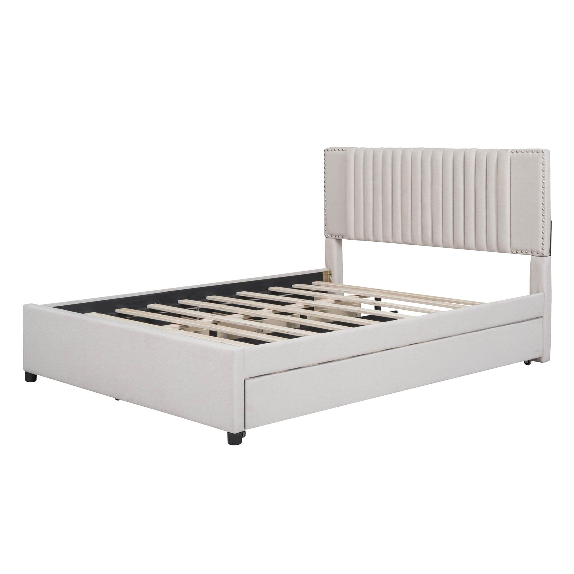 Upholstered Platform Queen Size Bed Frame with Storage and Twin XL Trundle - [Drawers, Headboard]