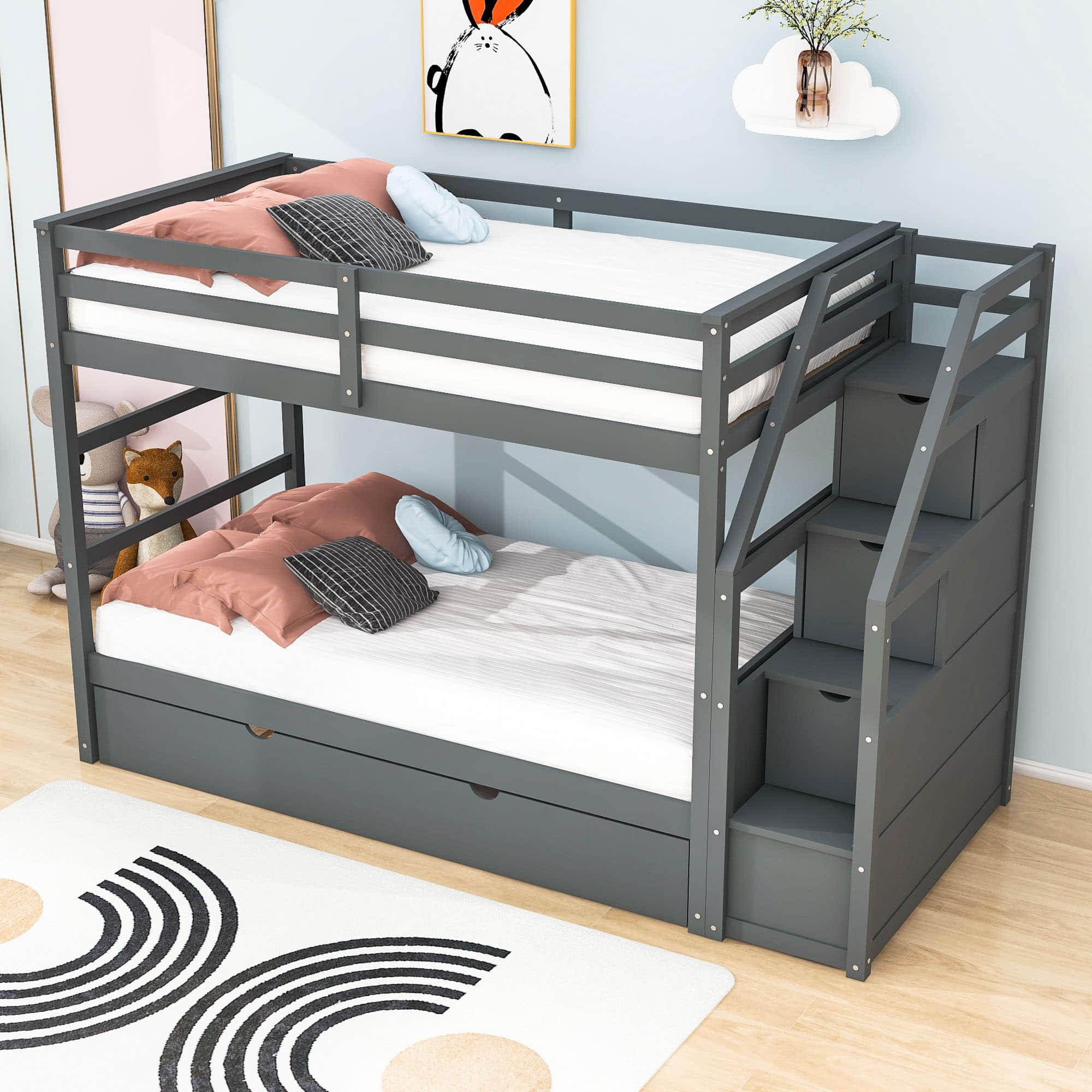 Low Twin Over Twin Bunk Beds for Kids with Storage Stairs and Trundle