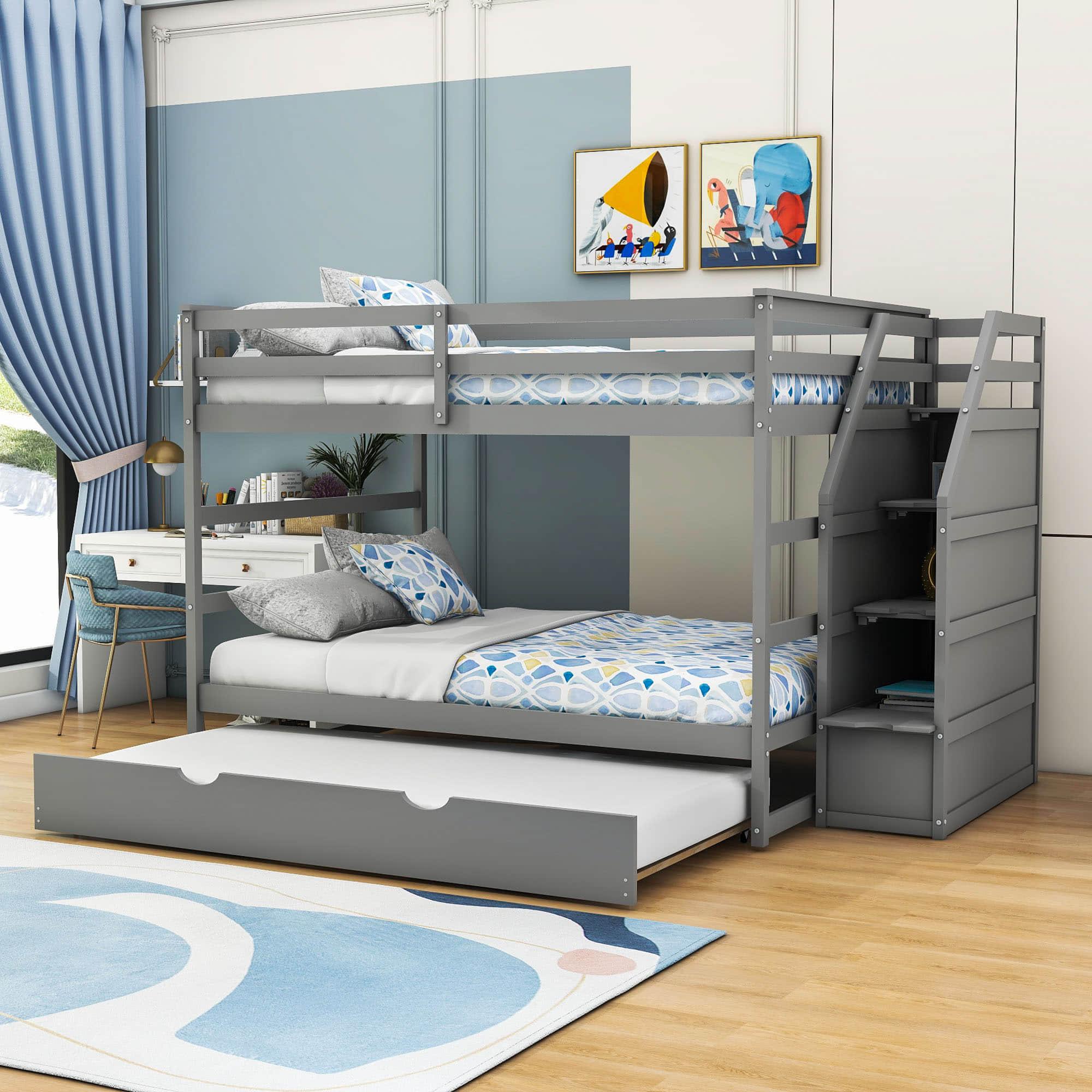 Full Over Full Bunk Beds with Stairs and Storage, Trundle - [Wood, Cabinets]