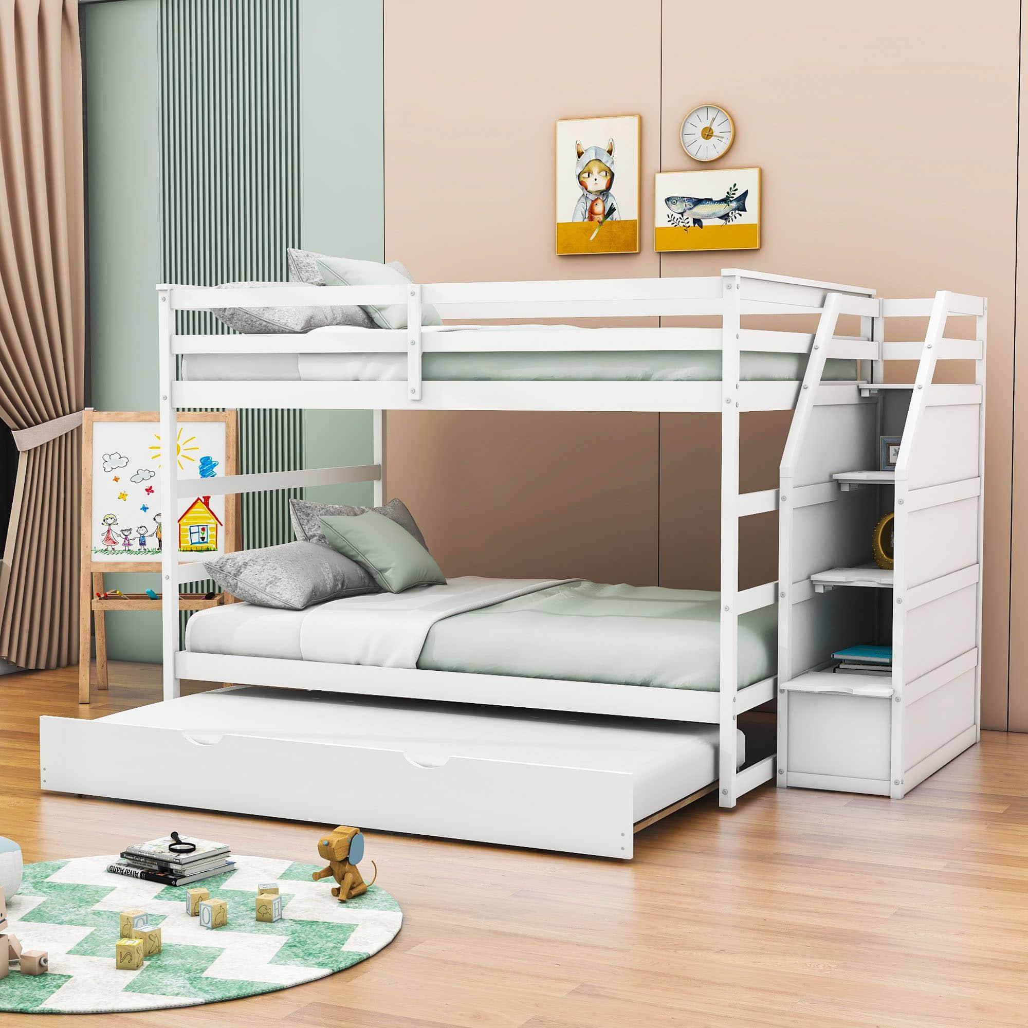 Full Over Full Bunk Beds with Stairs and Storage, Trundle - [Wood, Cabinets]