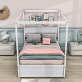 Full Size Wood Canopy Bed Frame with Twin Trundle Bed and Storage