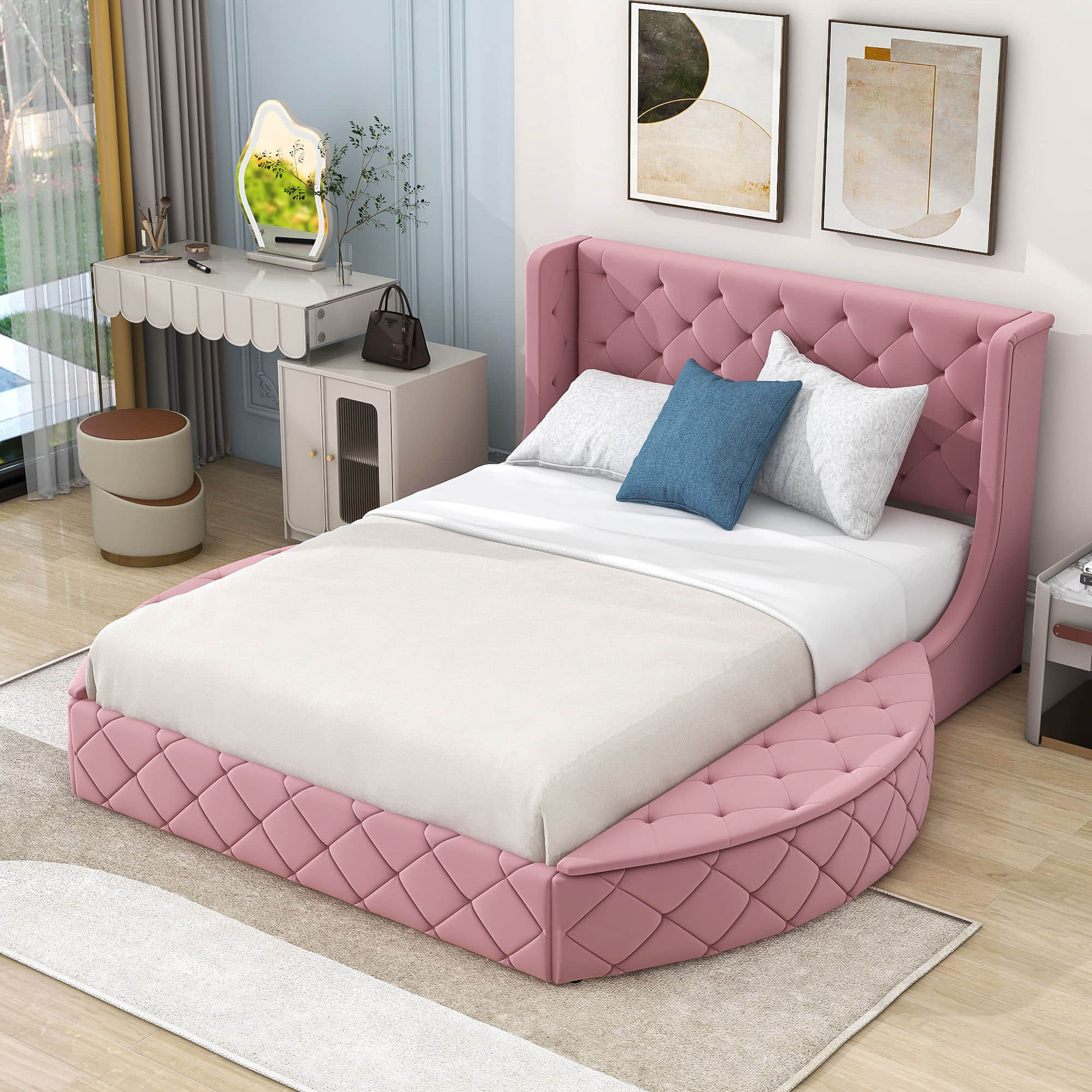 Upholstered Queen Platform Bed Frame with Wingback Headboard and Storage