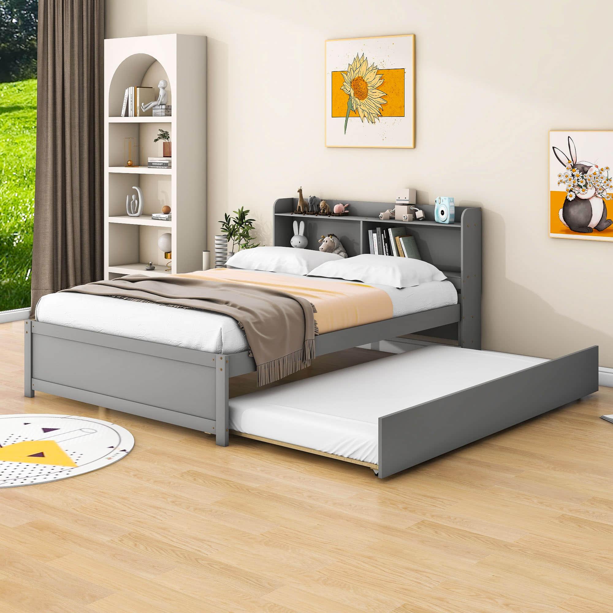 Wooden Full Size Platform Bed with Twin Trundle Bed and Storage Headboard - [Shelves]