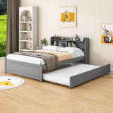 Wooden Full Size Platform Bed with Twin Trundle Bed and Storage Headboard - [Shelves]