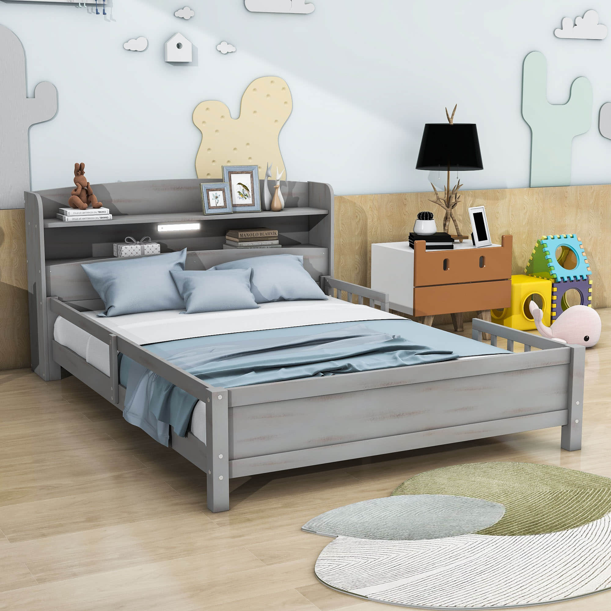 Wood Full Low Kids Platform Bed Frame with Rails and Storage Headboard